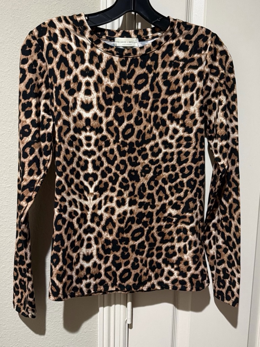Leopard Print Long Sleeve Crewneck Top - Brown
